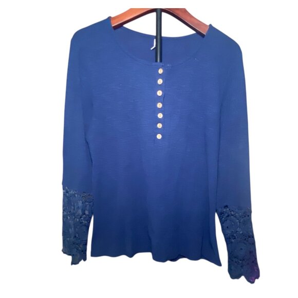 Kancystore Blue Long Sleeve Lace Cuff Top Waffle Knit Button Henley Womens XL - Picture 2 of 8